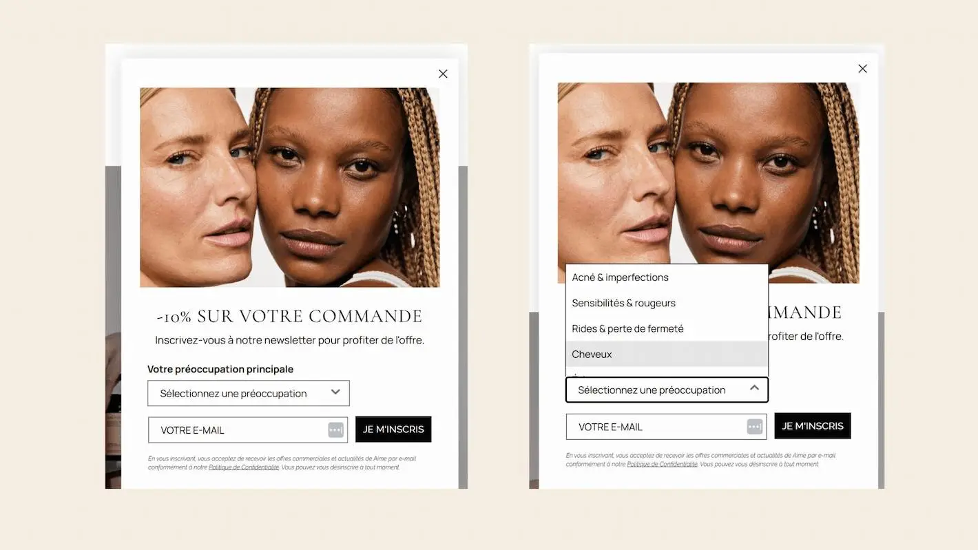 Deux femmes posent côte à côte sur un formulaire d'inscription à une newsletter offrant -10% sur une commande. Options de préoccupations principales affichées.