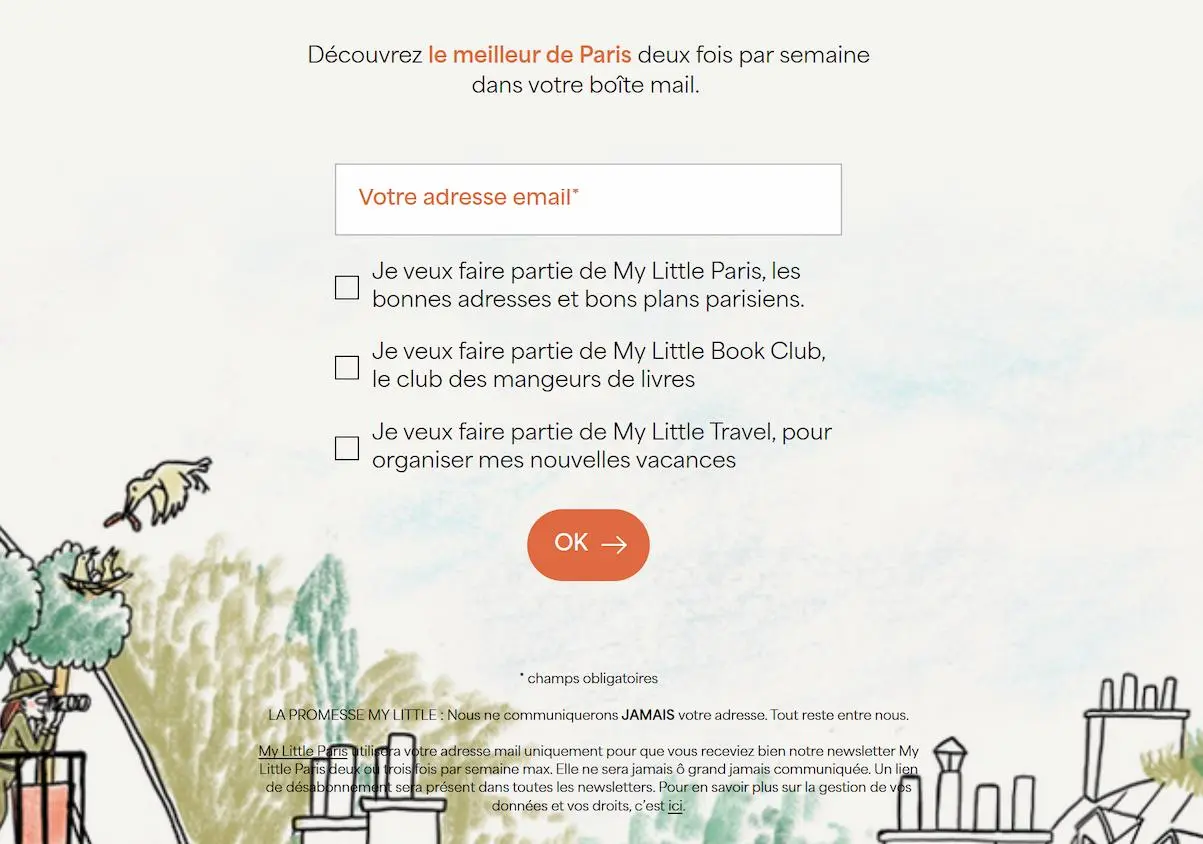Formulaire d'inscription à la newsletter My Little Paris avec options pour Paris, Book Club, et Travel. Bouton "OK". Illustration en bas.