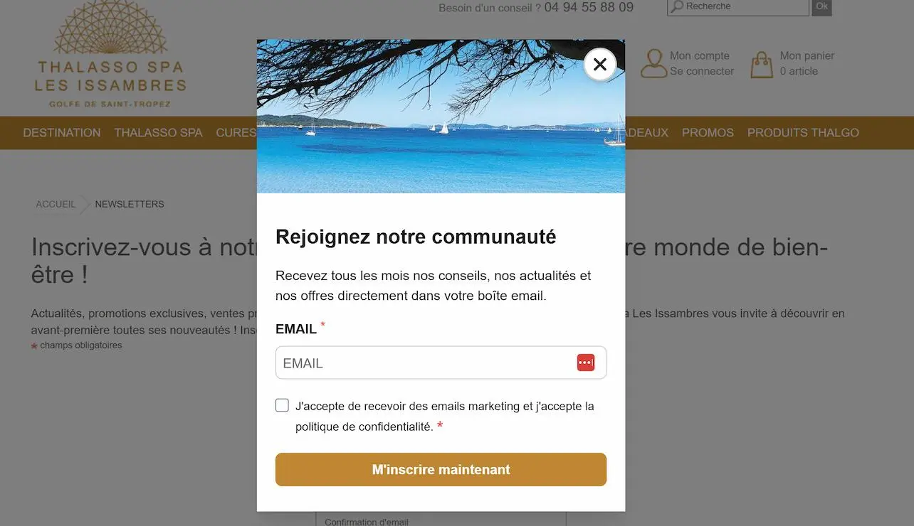 Formulaire d'inscription à la newsletter du Thalasso Spa Les Issambres, avec champ email et bouton "M'inscrire maintenant".