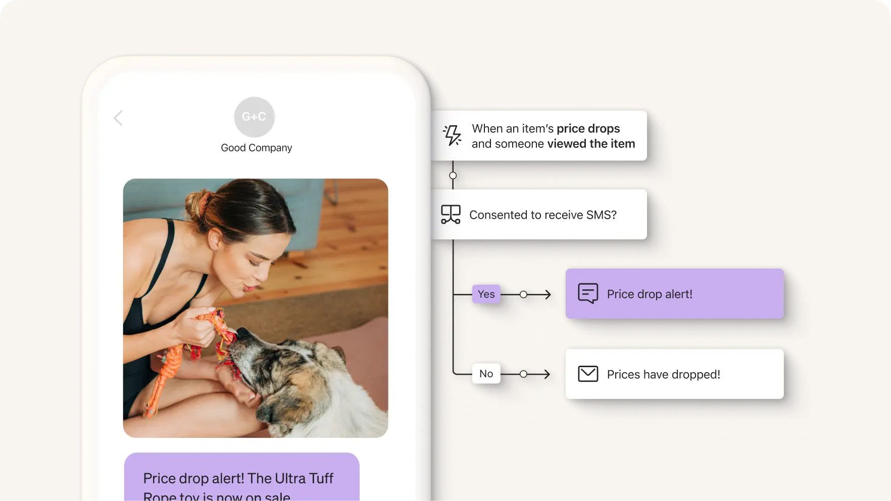 E-mail di un brand di prodotti per animali domestici con promemoria sulla riduzione dei prezzi su un dispositivo mobile, accanto alla creazione di un flusso di e-mail.
