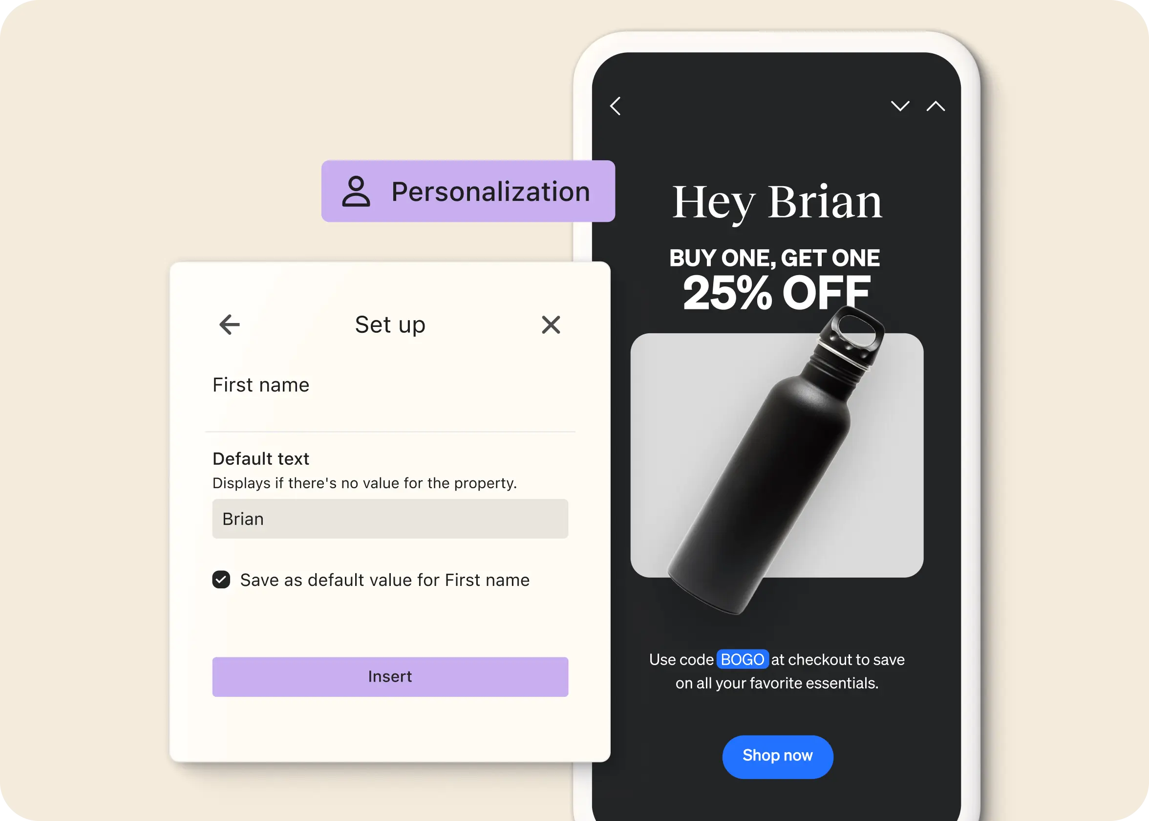 Schermata di personalizzazione con un messaggio promozionale su un cellulare che offre "Compra uno, prendi uno al 25% di sconto".