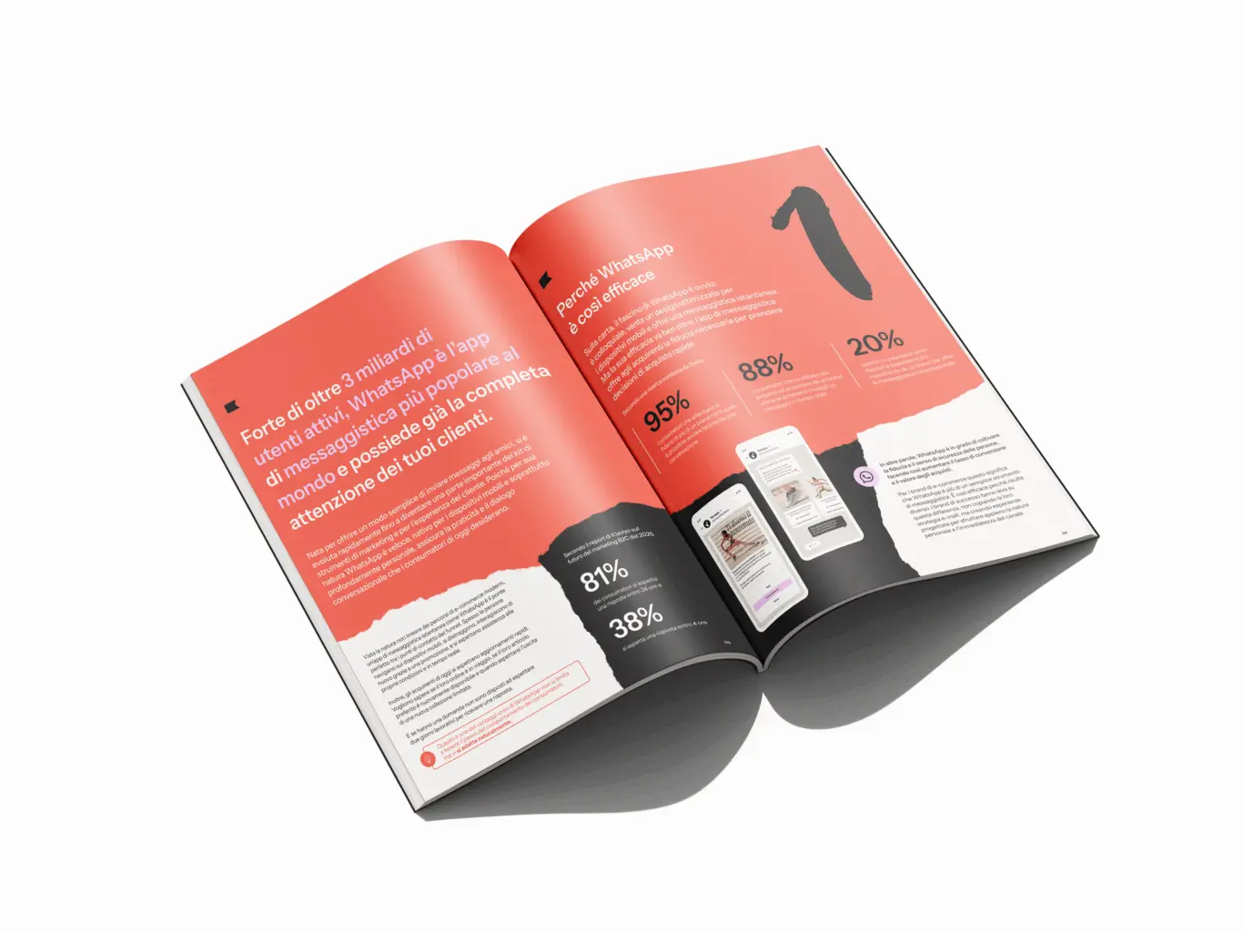 Opuscolo aperto con testo su WhatsApp, statistiche e immagini di smartphone. Sfondo rosso con dettagli in bianco e nero.
