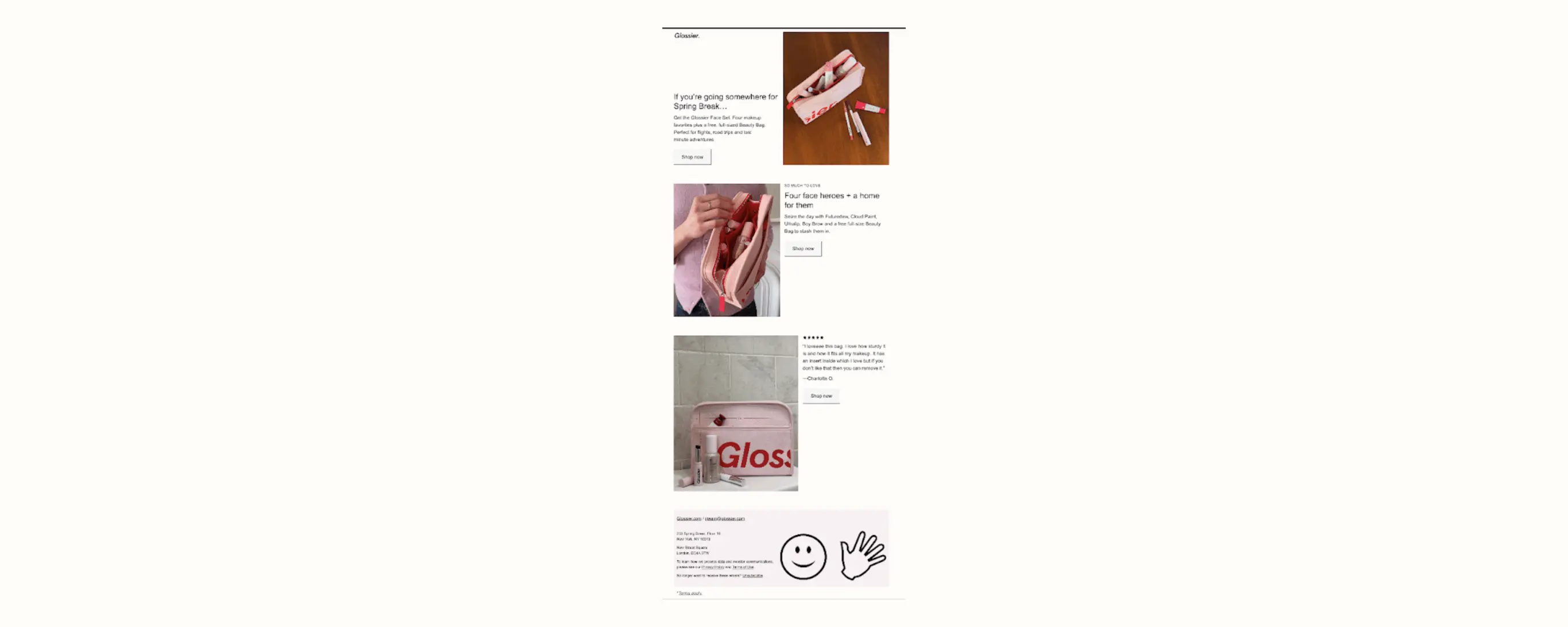L'immagine mostra un'e-mail promozionale del marchio di bellezza Glossier che propone un set di trucchi abbinato a una pochette gratuita. L'e-mail include anche una recensione a 5 stelle della pochette gratuita, che ne evidenzia funzionalità e qualità. La call-to-action è presente in 3 punti diversi, il che permette ai clienti di aprire facilmente la pagina del set mentre scorrono l'e-mail.
