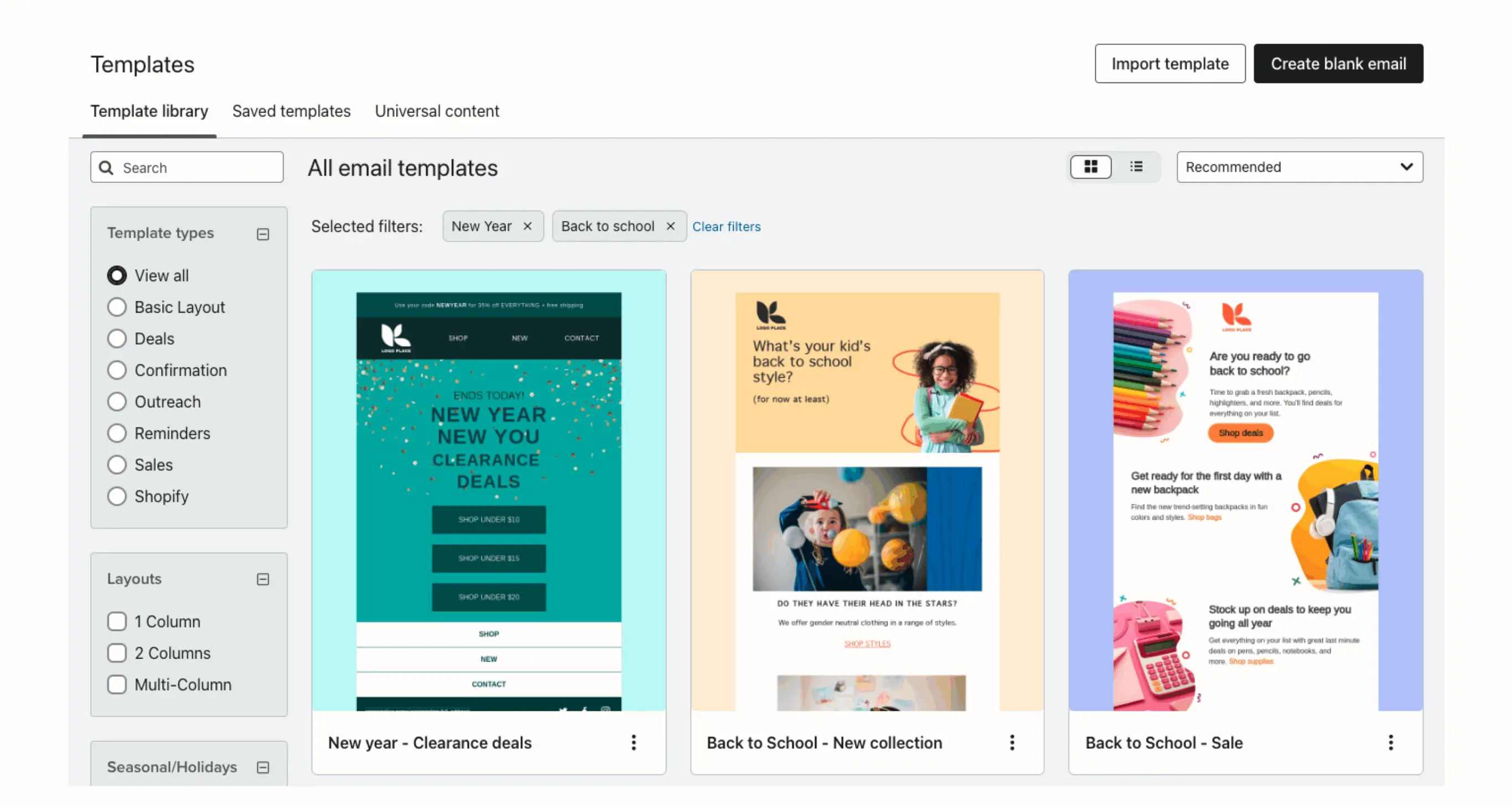 Libreria di modelli email Klaviyo con tre anteprime: offerte di Capodanno, nuova collezione per il ritorno a scuola e saldi per il ritorno a scuola.