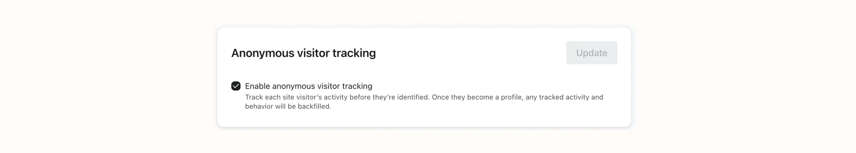 Opzione di tracciamento dei visitatori anonimi con casella di controllo abilitata e pulsante "Update".