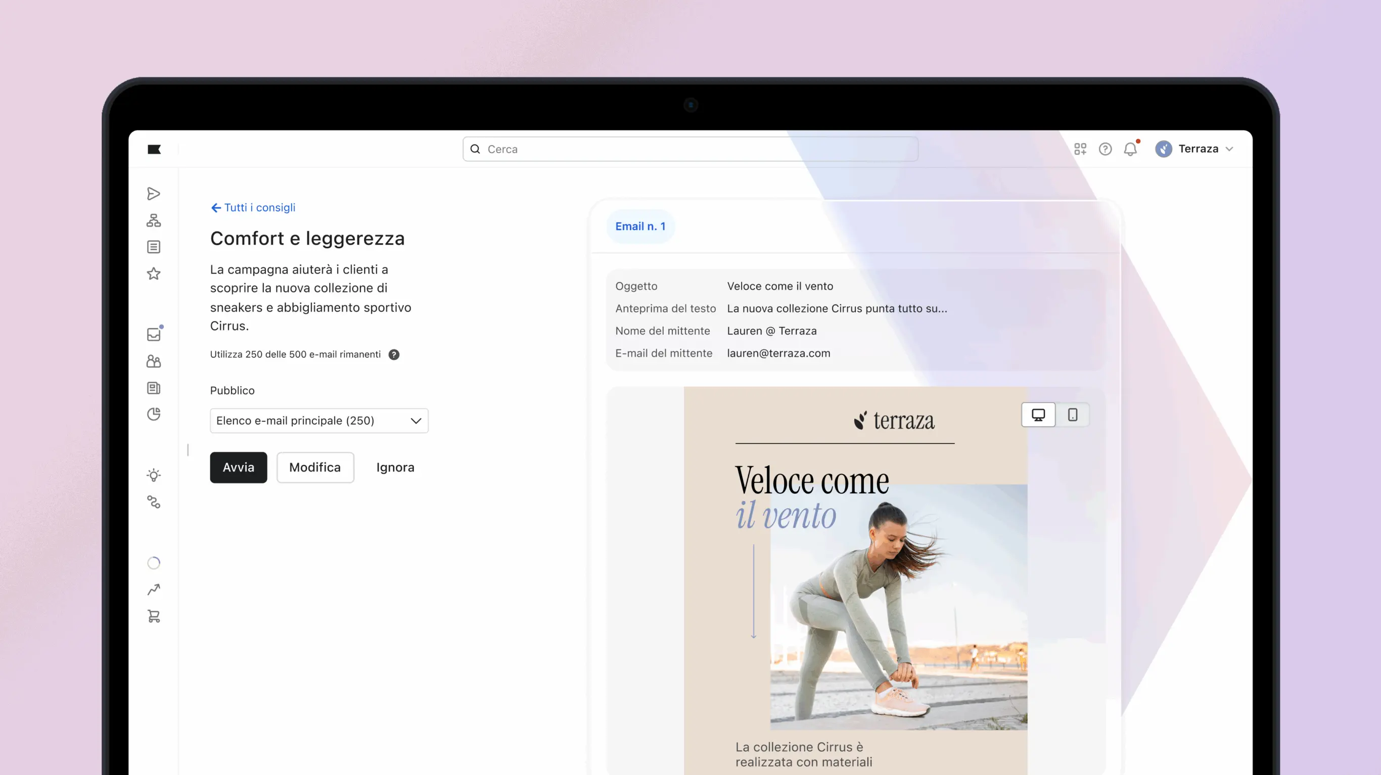 Schermata di un'interfaccia di marketing via email con dettagli di una campagna per la collezione sportiva Cirrus.