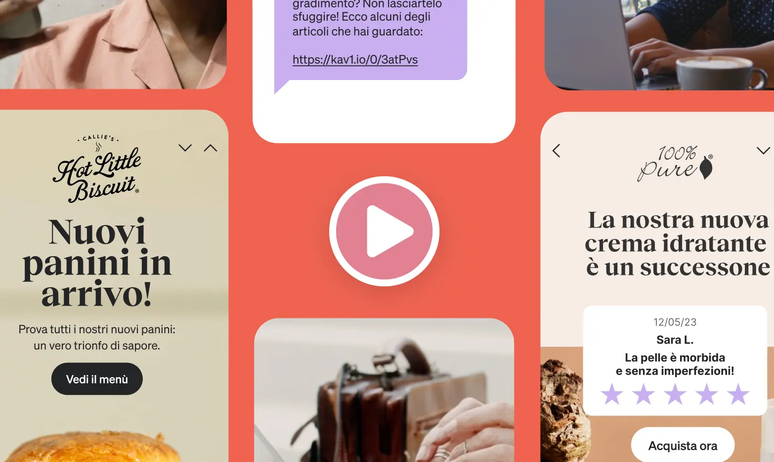 Collage di immagini promozionali con testi su panini, crema idratante, e messaggio di marketing. Al centro, un'icona di riproduzione.