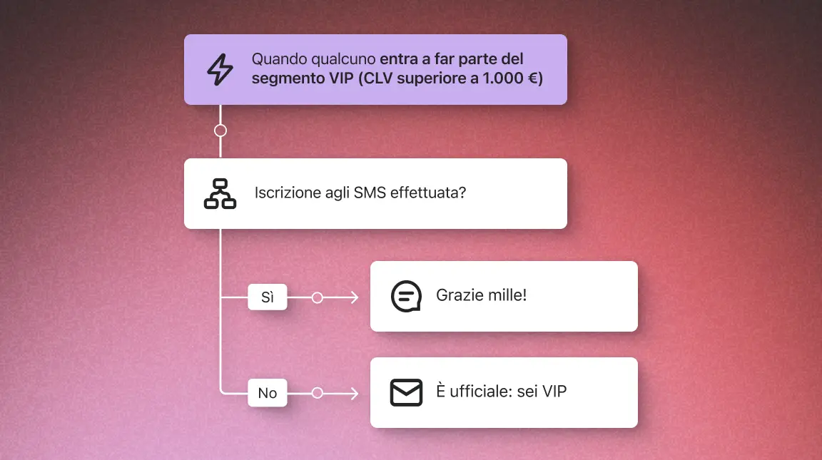 Diagramma di flusso per l'ingresso nel segmento VIP. Include decisioni su iscrizione SMS e messaggi di conferma.
