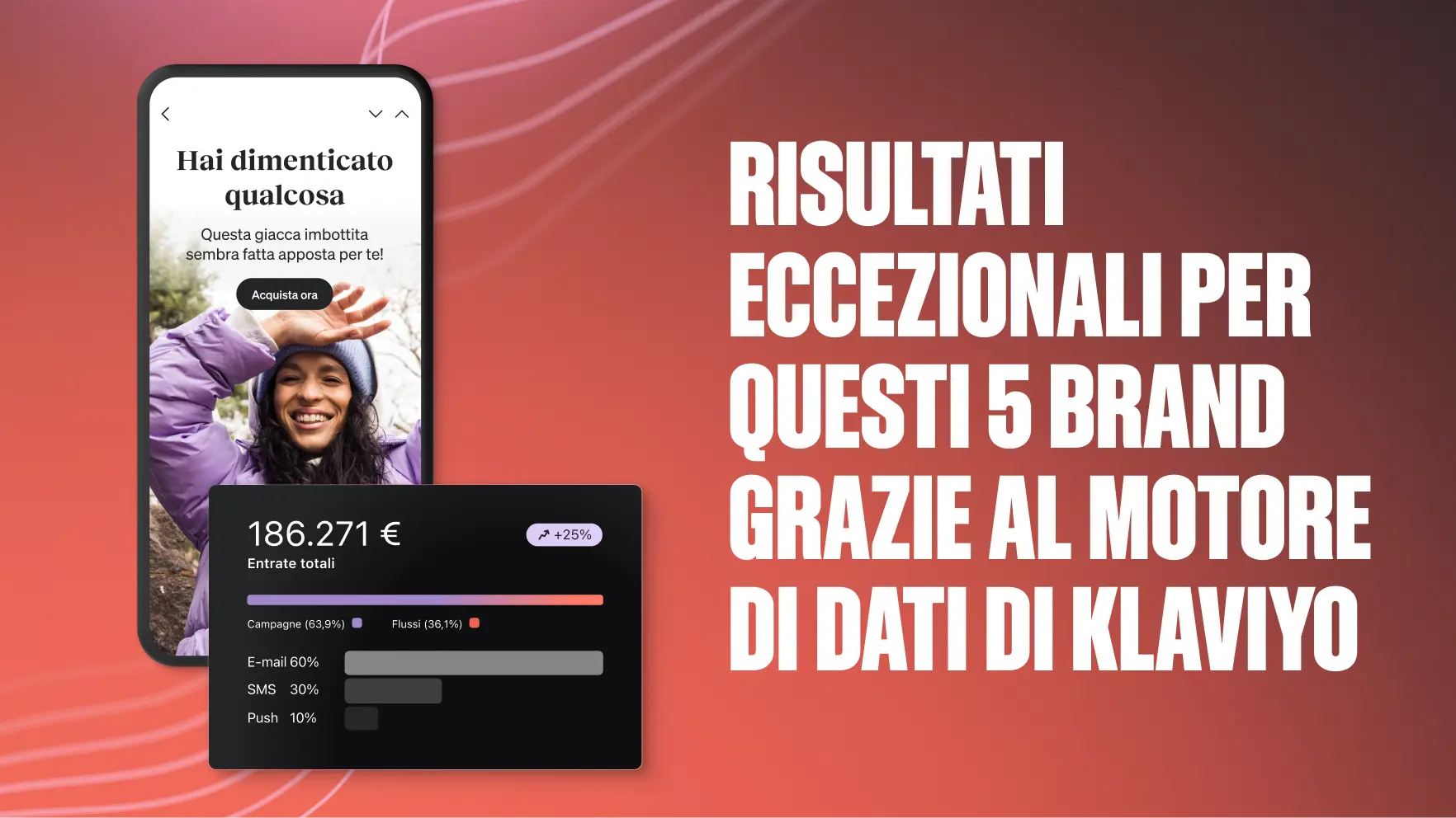 Smartphone con immagine di una donna sorridente e testo promozionale, affiancato da statistiche di vendita e testo: "Risultati eccezionali per questi 5 brand grazie al motore di dati di Klav