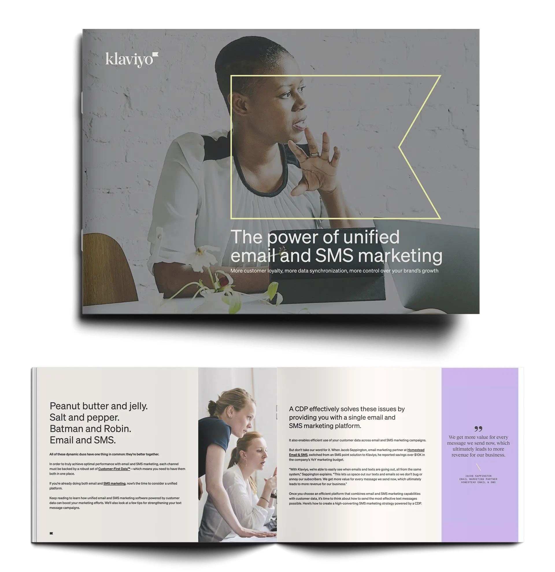 booklet image and title page for the unified power of email and sms marketing