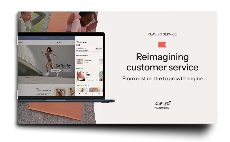 Laptop displaying a customer service interface, alongside text: "Reimagining customer service: From cost centre to growth engine." Klaviyo logo present.