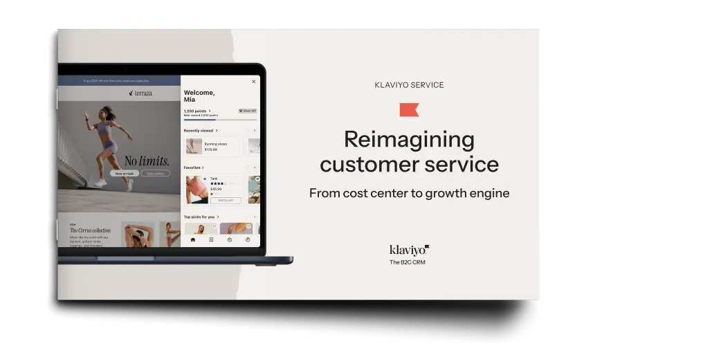 Klaviyo Service workbook cover with text: "Reimagining customer service. From cost center to growth engine." Laptop displaying a customer interface.
