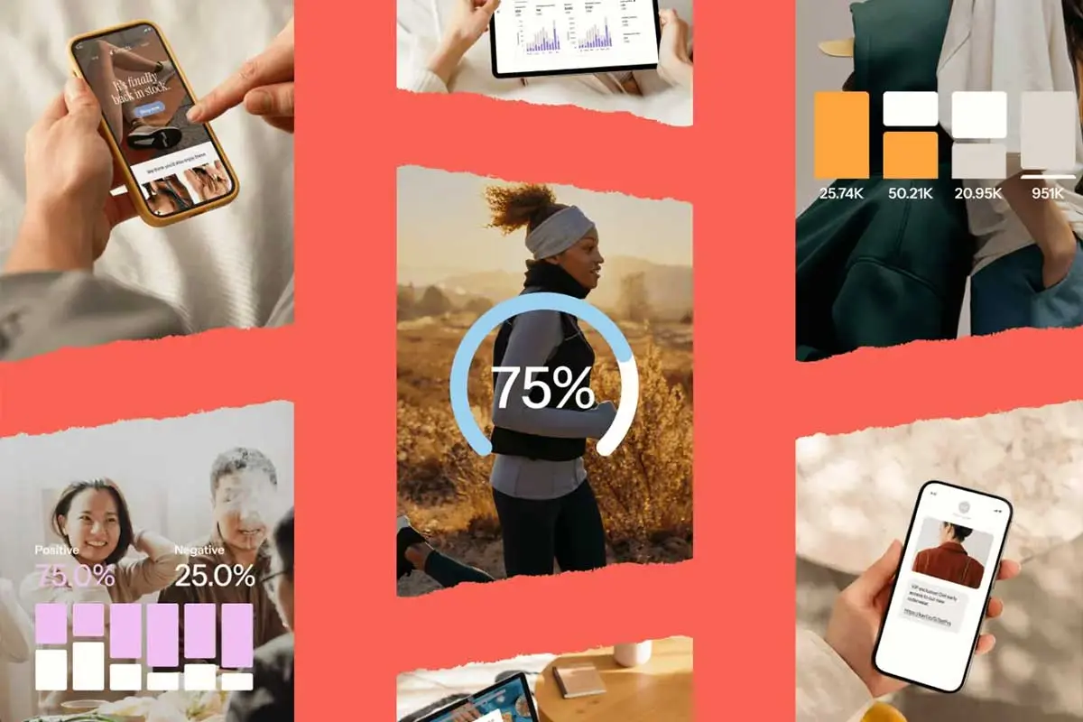 Collage of images showing a person using a smartphone, a tablet with graphs, a runner with a 75% progress circle, and color swatches.