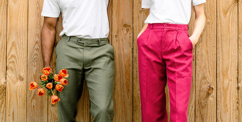 A man and women wearing fashionable coloured chinos by LePantalon