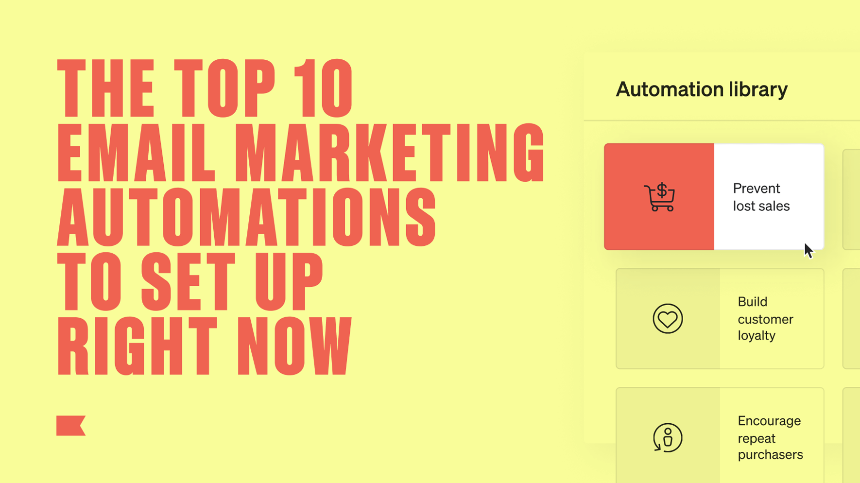 The top 10 email marketing automations to set up right now, written next to an illustration of Klaviyo’s flow library.