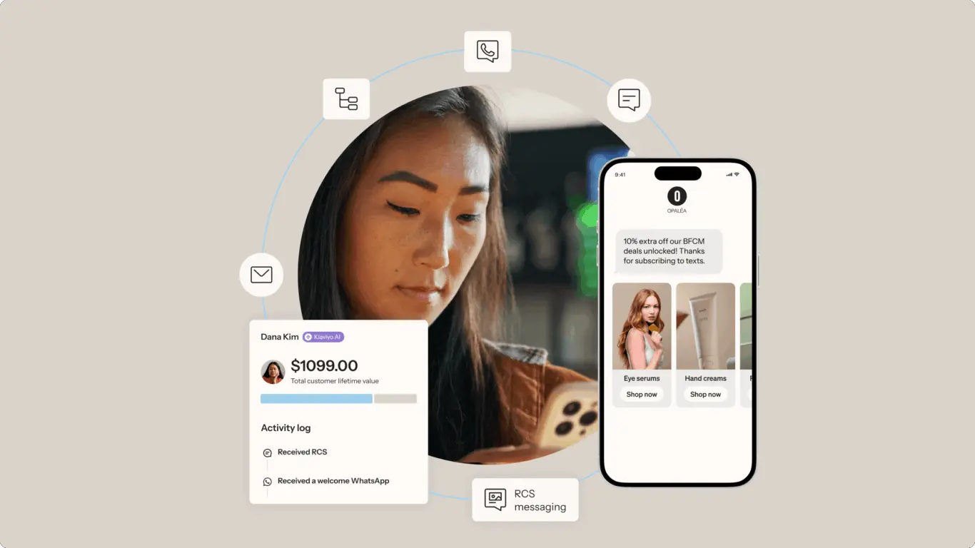 Woman using a smartphone with a screen showing a promotional message and product images. Icons for communication methods surround her.