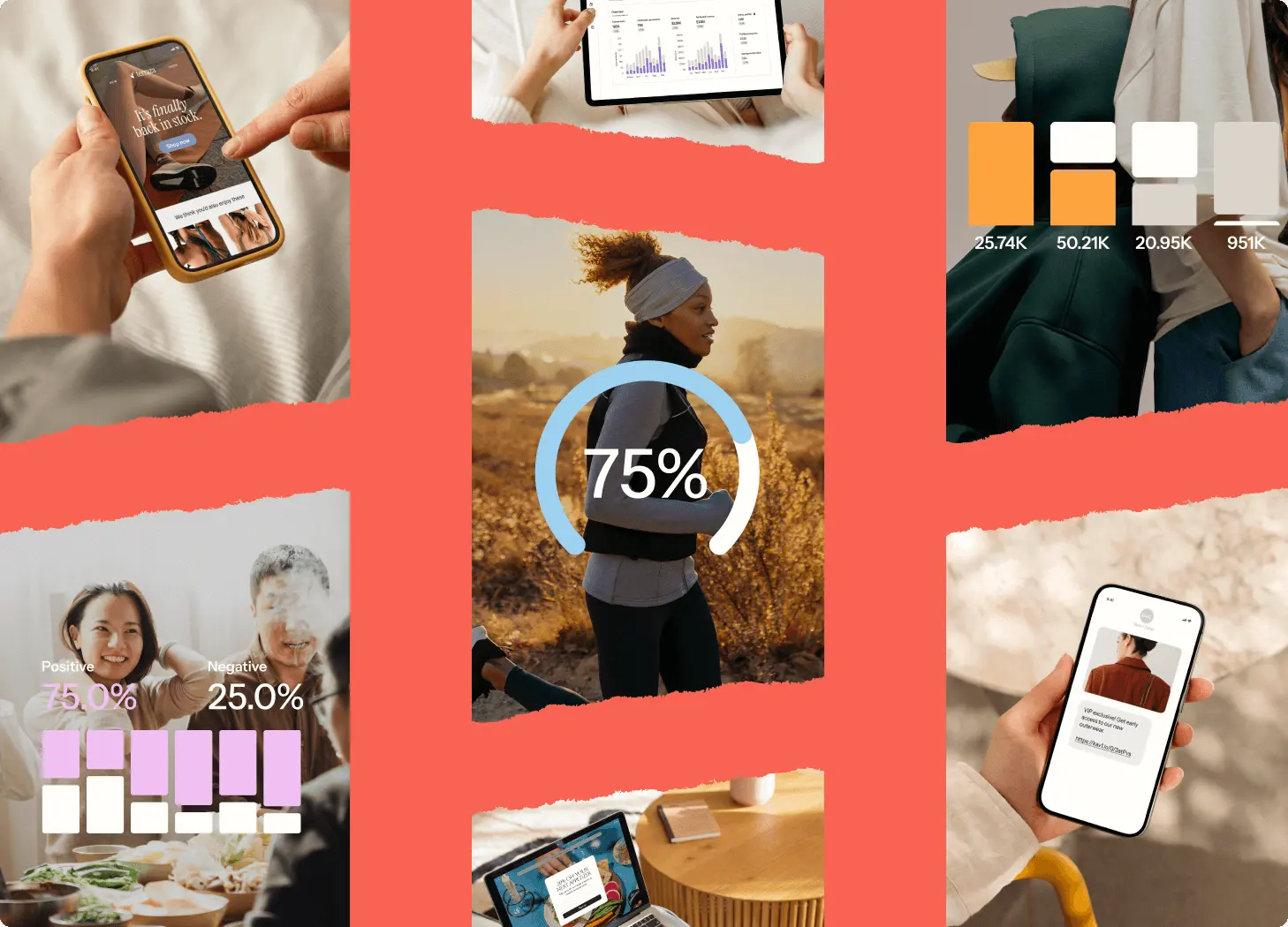 Collage of various customer journey elements: a person running, mobile screens with shopping and messaging apps, graphs, and charts.