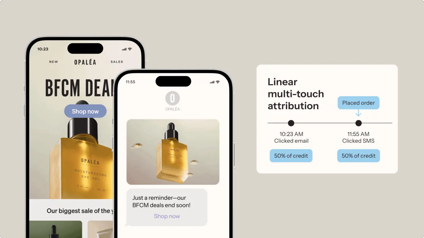 Two smartphones display Opaléa's BFCM deals with a moisturizing eye gel. A chart shows linear multi-touch attribution with email and SMS clicks.