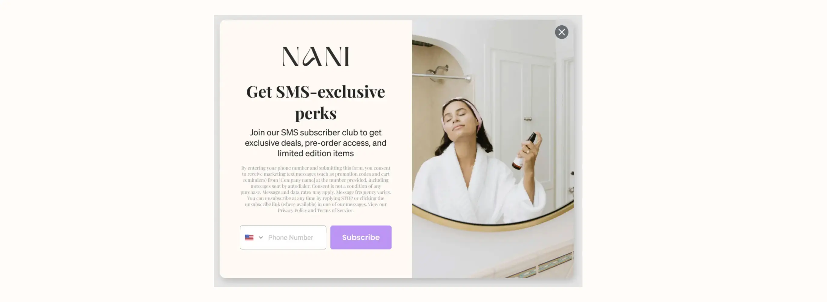 NANI SMS subscription offer with a woman in a bathrobe applying skincare in front of a mirror.