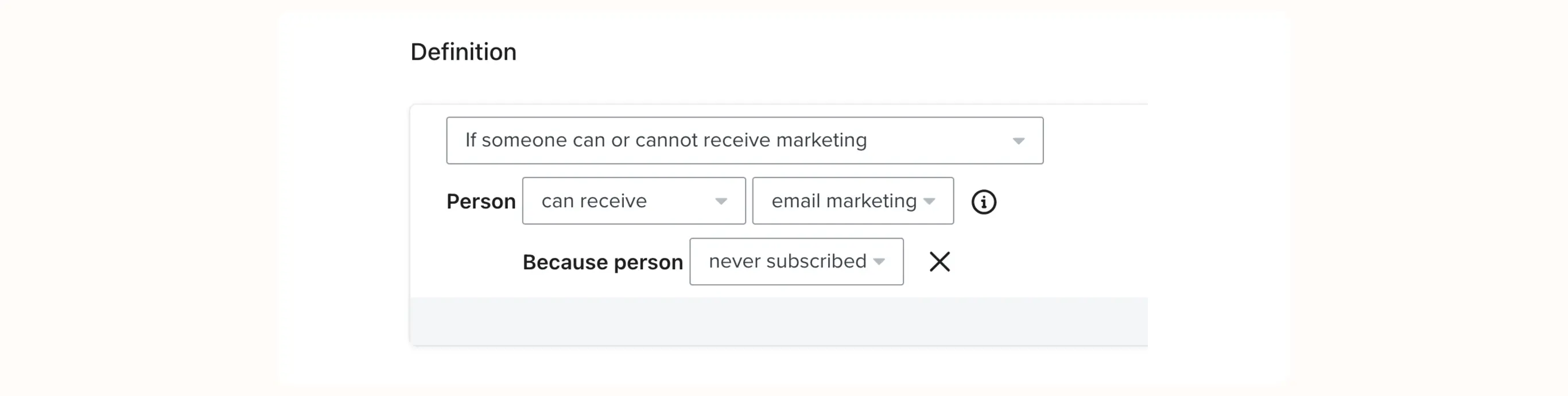 Email marketing definition interface showing options for receiving marketing based on subscription status.