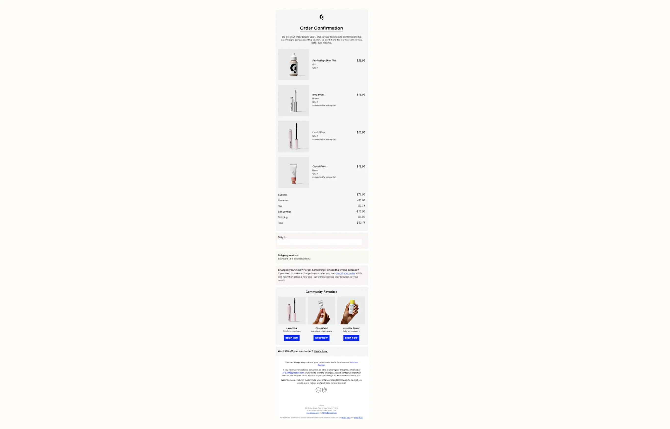 Glossier order confirmation showing items: Perfecting Skin Tint, Boy Brow, Lash Slick, Cloud Paint, with prices and total.
