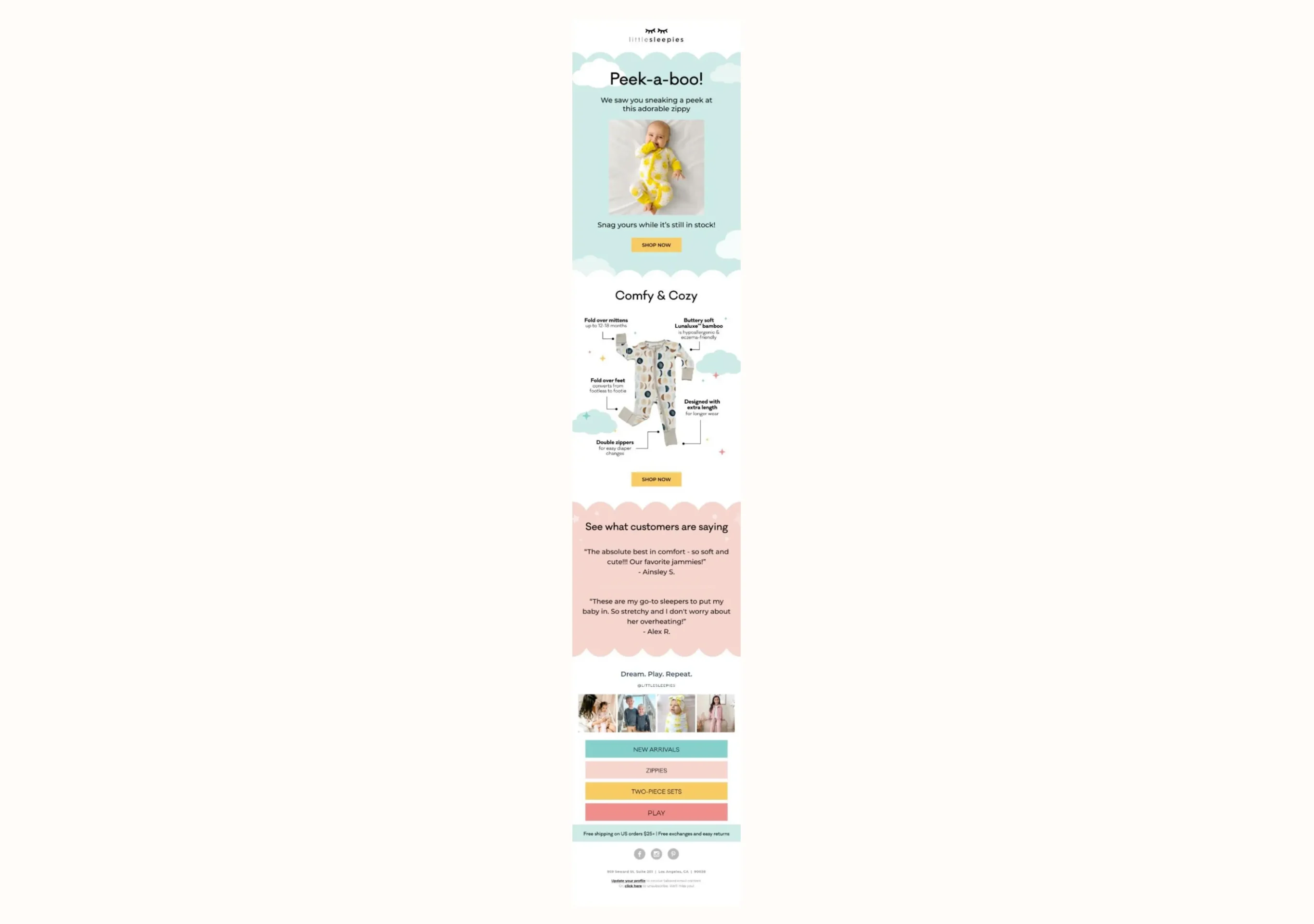 Promotional email for Little Sleepies featuring baby sleepwear. Includes product details, customer reviews, and shopping links.