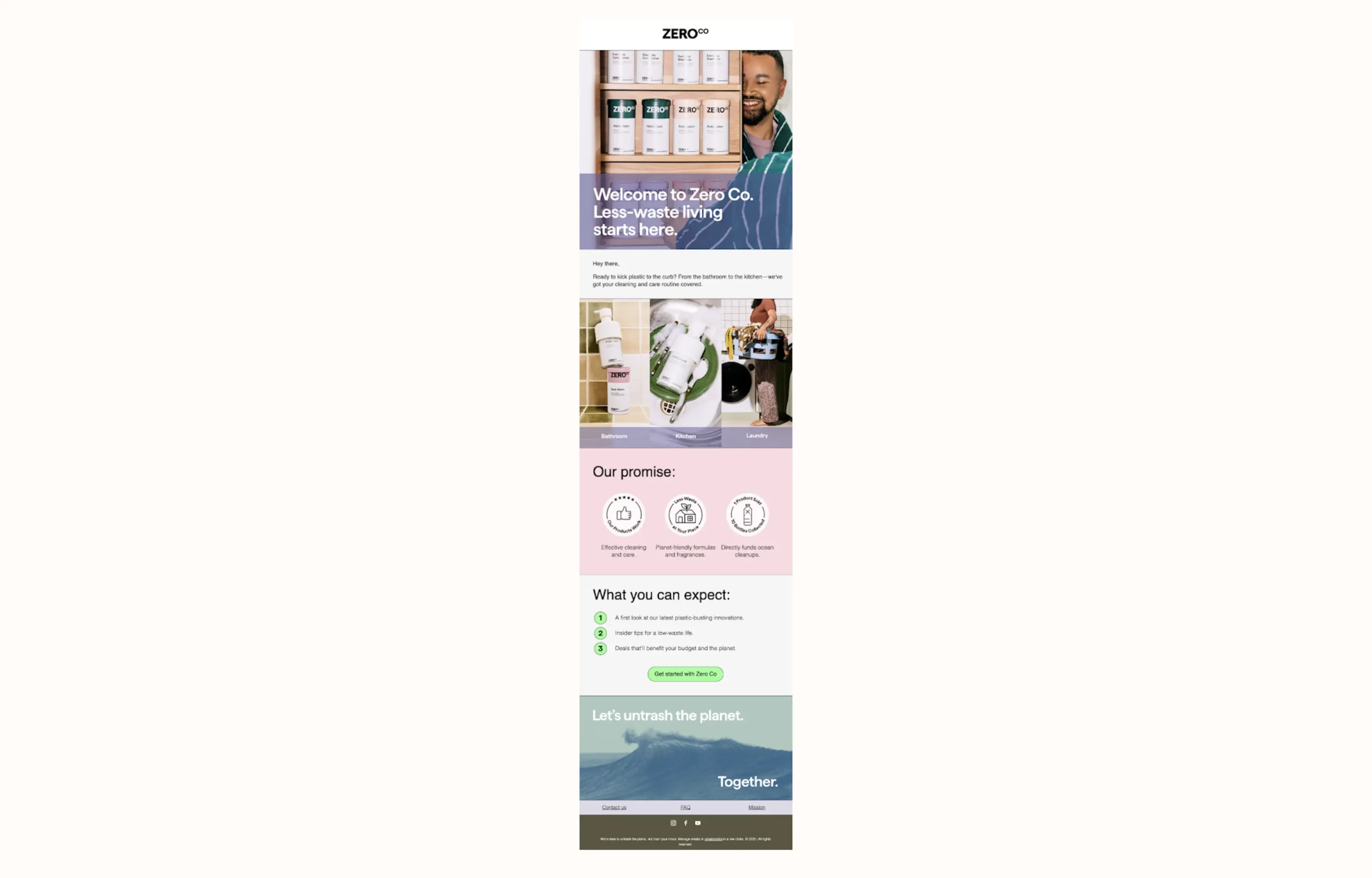 Email from Zero Co promoting less-waste living with images of cleaning products, a promise of eco-friendly formulas, and a call to action.