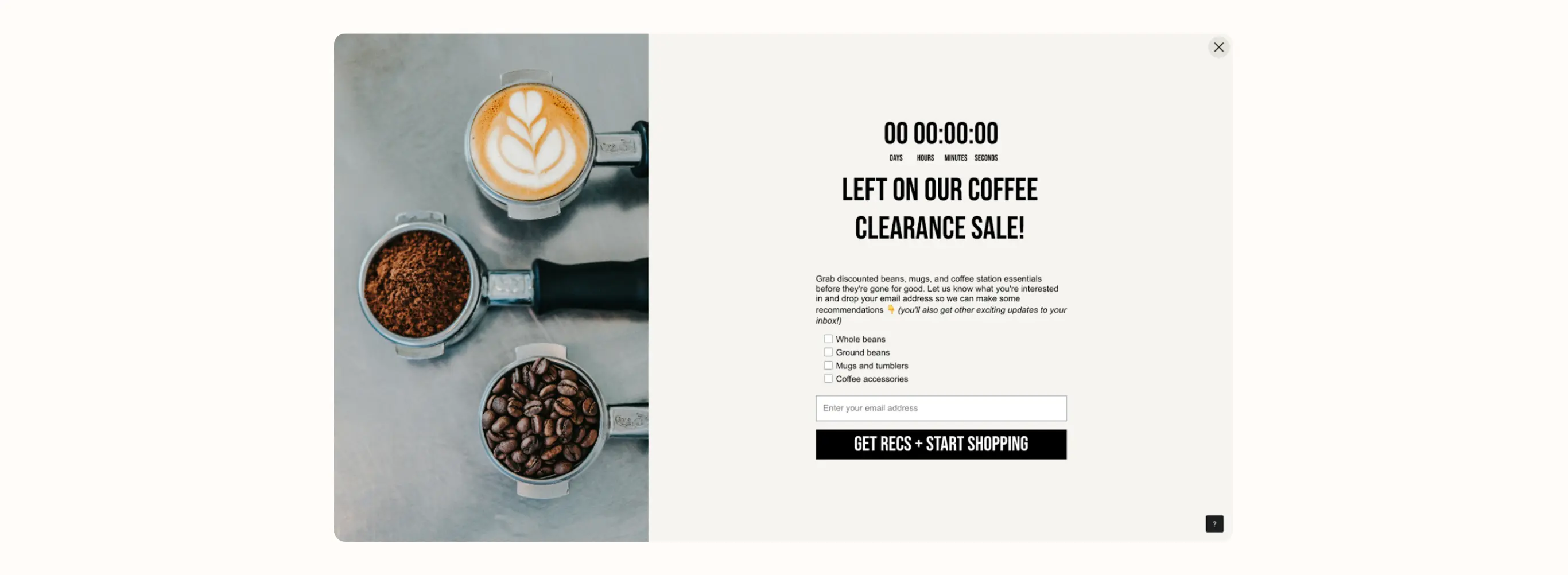 Coffee clearance sale ad with a countdown timer, latte art, coffee beans, and grounds. Includes email signup for recommendations.