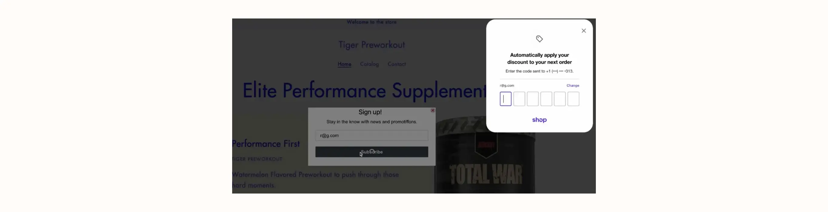 Email sign-up and discount code pop-ups on a supplement store website, featuring "Elite Performance Supplement" and "Tiger Preworkout.