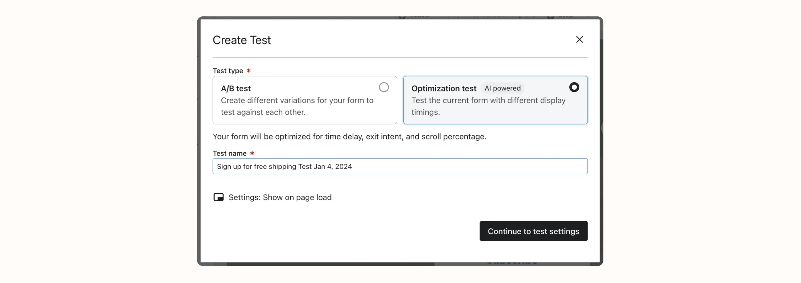 Create Test interface with options for A/B test and AI-powered optimization test. Test name: "Sign up for free shipping Test Jan 4, 2024.