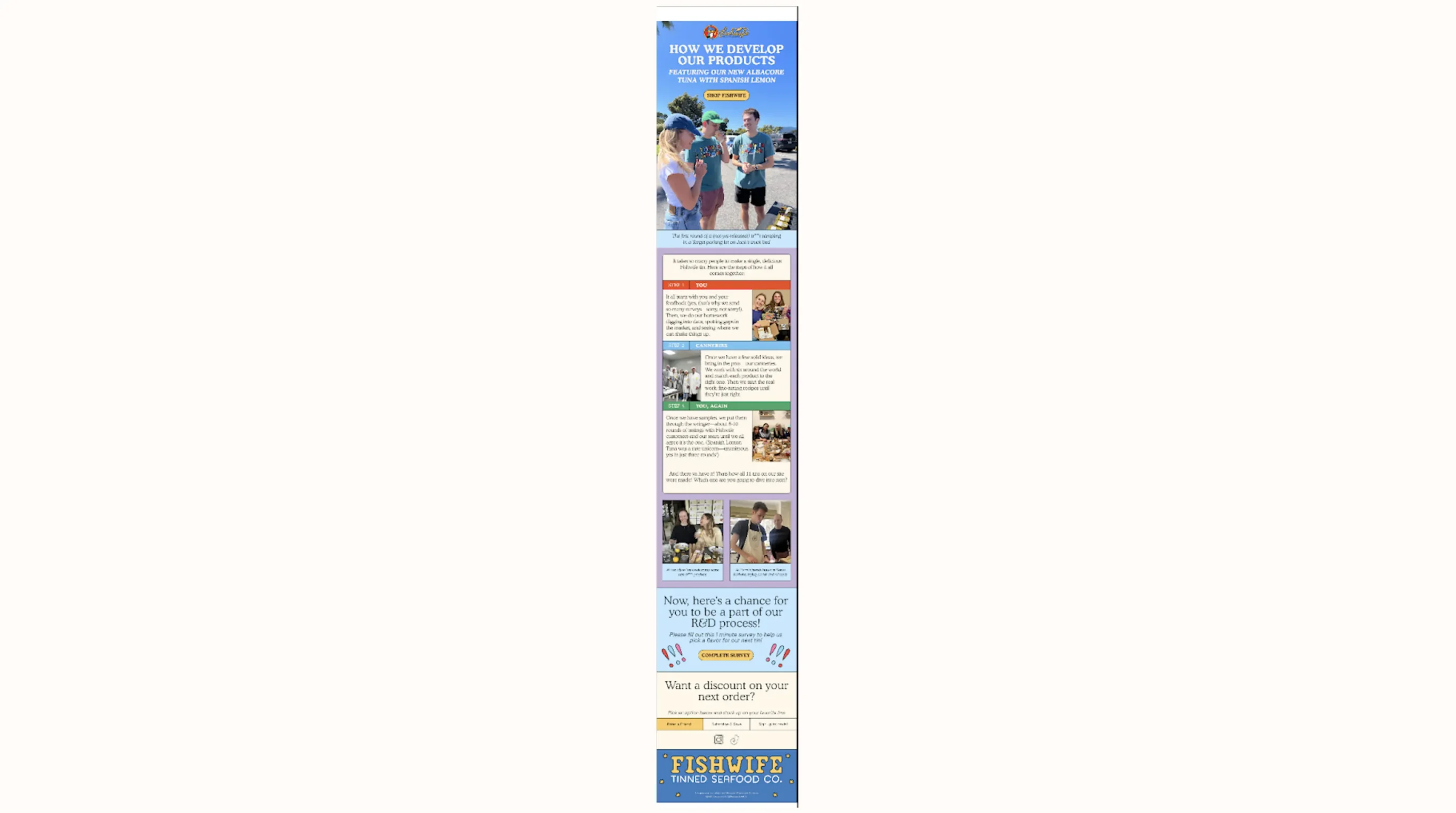 Infographic titled "How We Develop Our Products" by Fishwife Tinned Seafood Co., featuring steps in product development with images and text.
