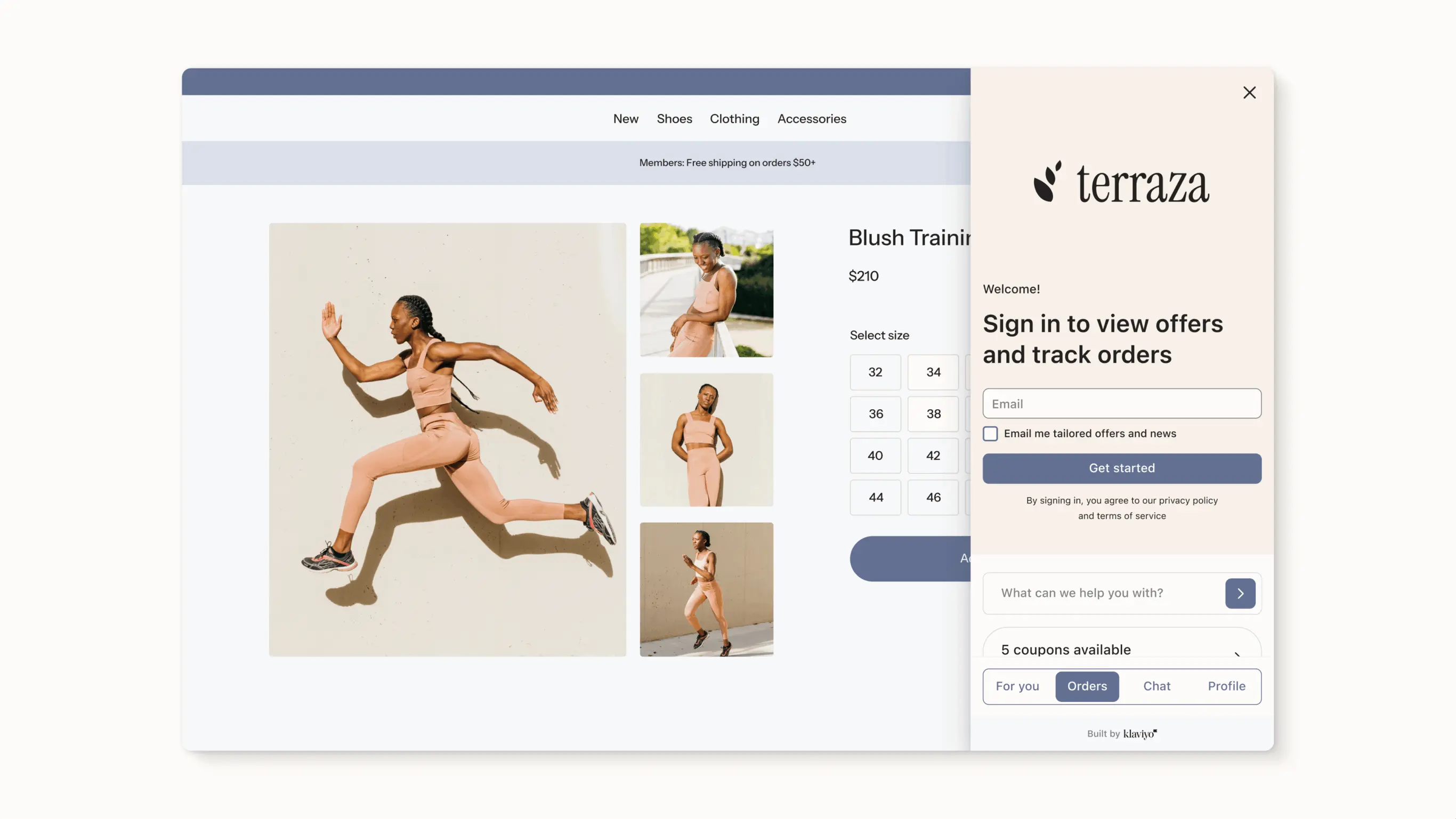 E-commerce page displaying a woman in athletic wear, product images, size options, and a sign-in form for offers and order tracking.