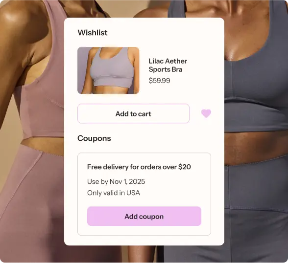 Wishlist and coupon details for a Lilac Aether Sports Bra priced at $59.99, with a free delivery offer for orders over $20.
