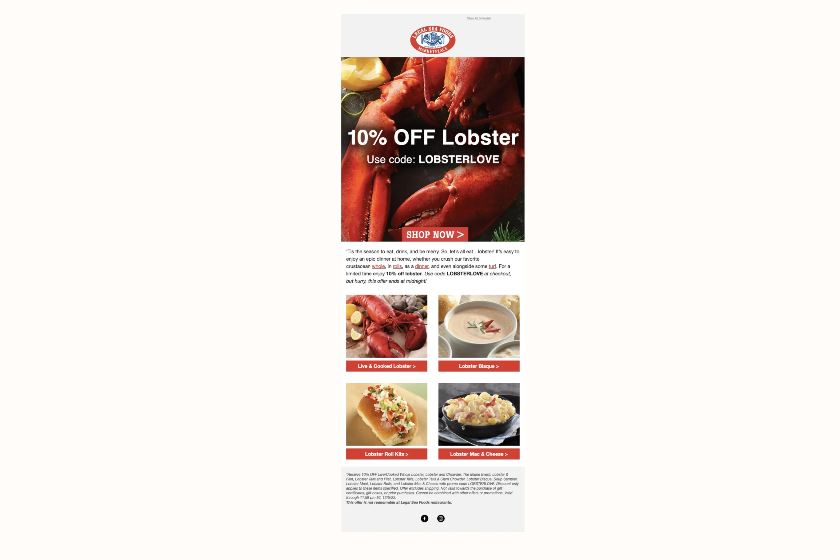 Email advertisement for Legal Sea Foods offering 10% off lobster with code "LOBSTERLOVE." Includes images of lobster dishes.