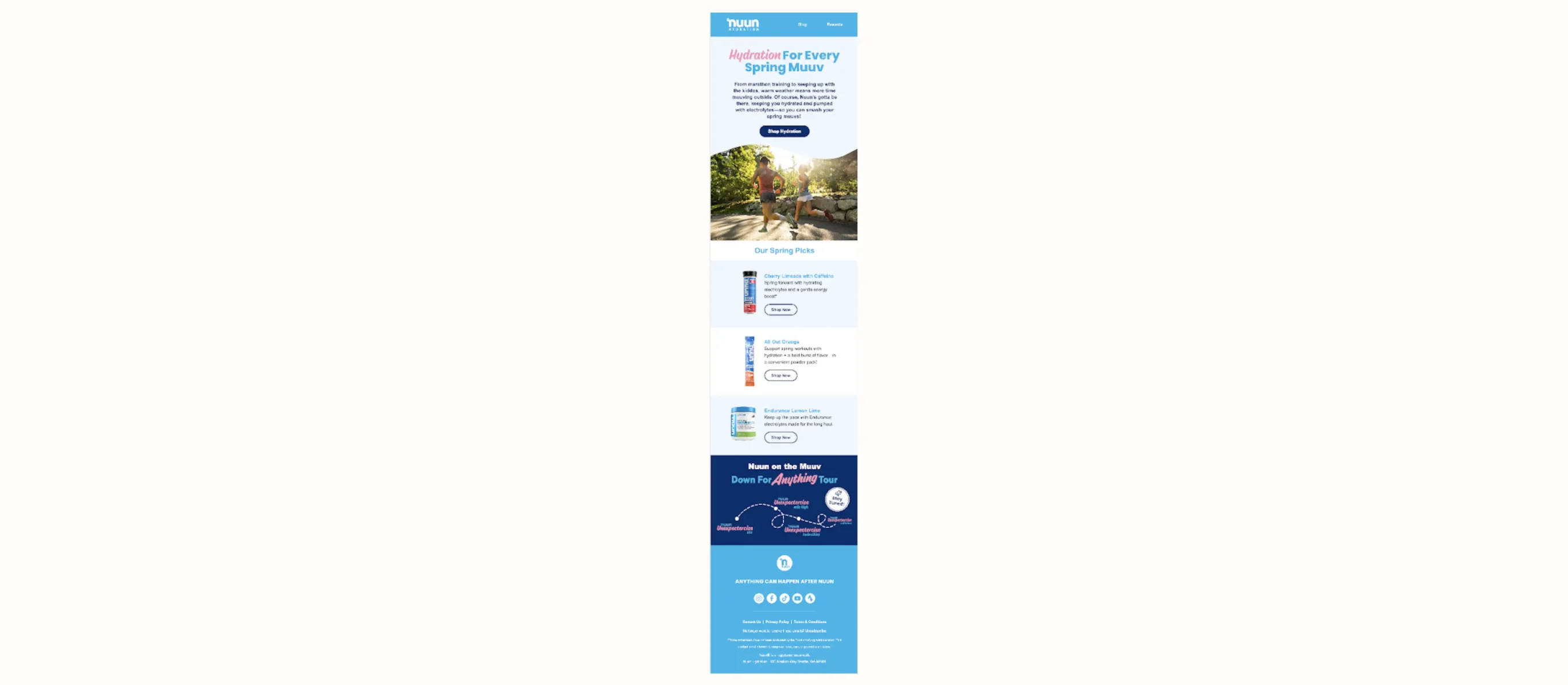 Nuun promotional email featuring hydration products for spring, with images of people exercising and product descriptions.
