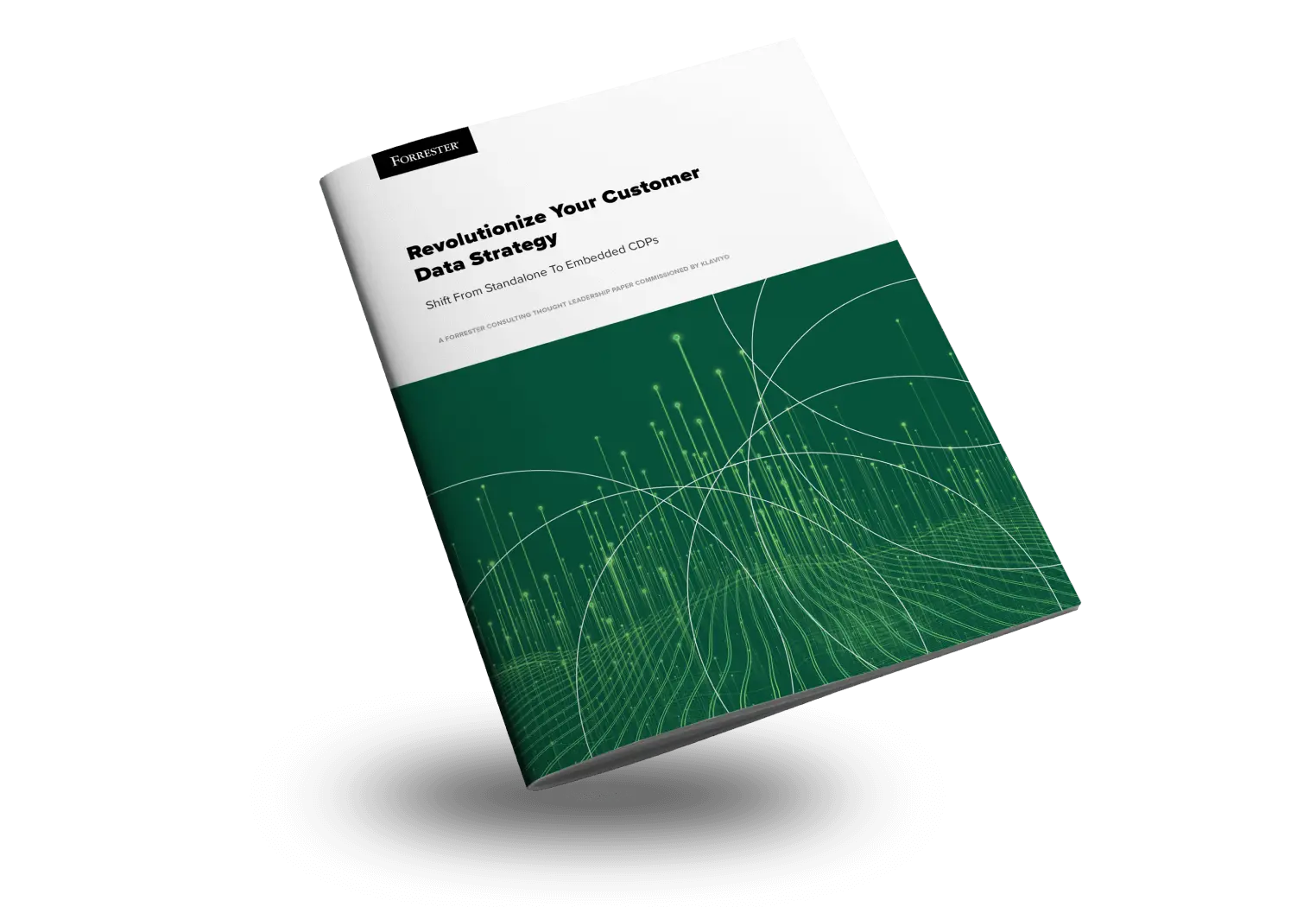 Forrester booklet titled "Revolutionize Your Customer Data Strategy" with green abstract design on the cover.