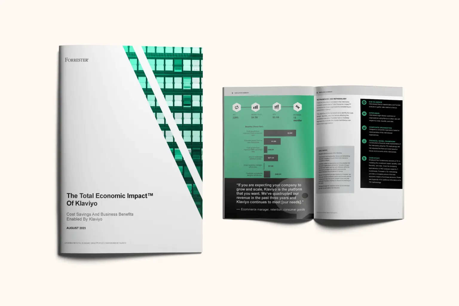 Forrester report titled "The Total Economic Impact™ of Klaviyo" with open pages showing charts and text.