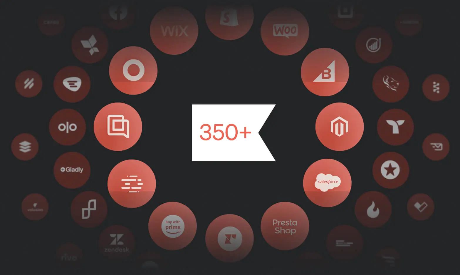 Central text "350+" surrounded by various app logos in circular red icons.
