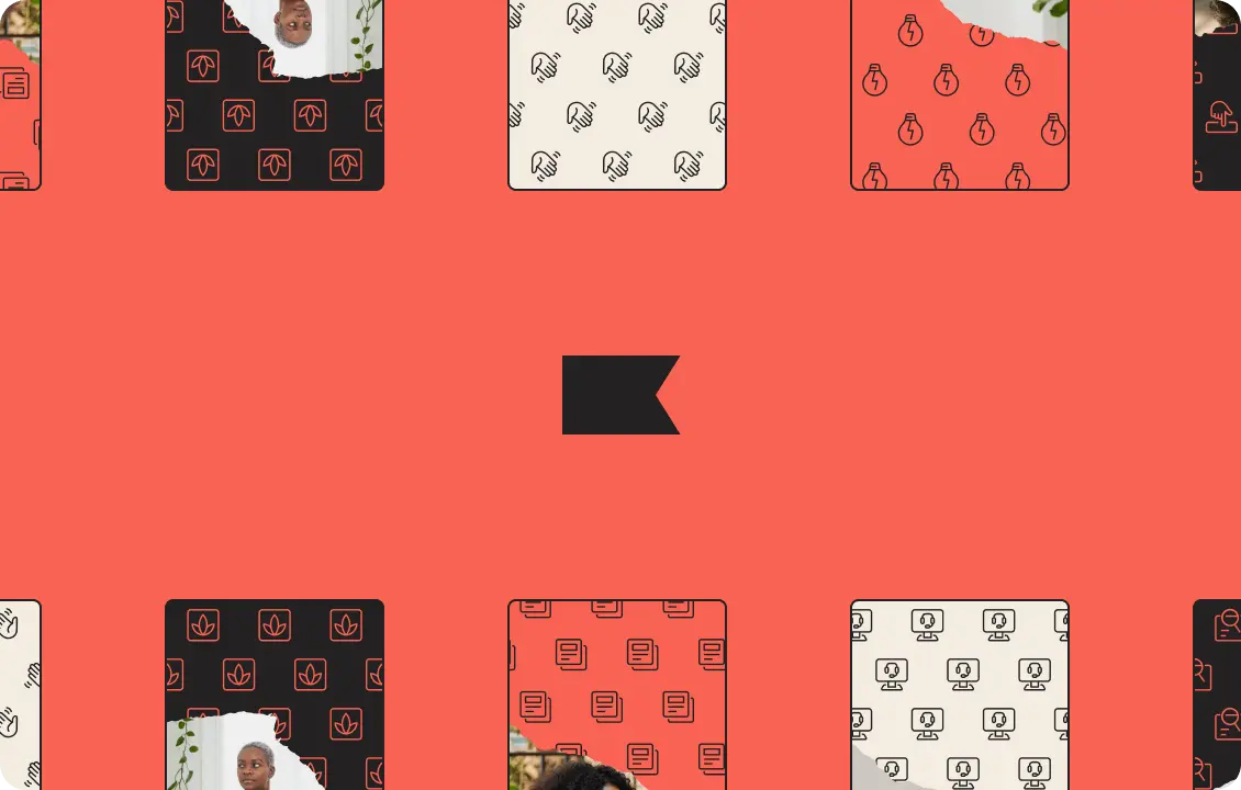 Abstract design with various patterned rectangles and a central black flag icon on a red background.