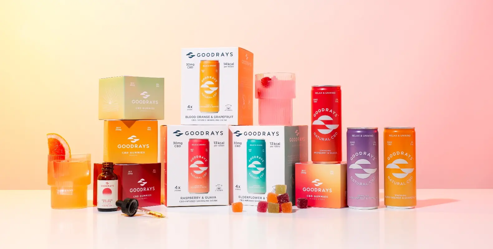 Colourful selection of Goodrays branded CBD products