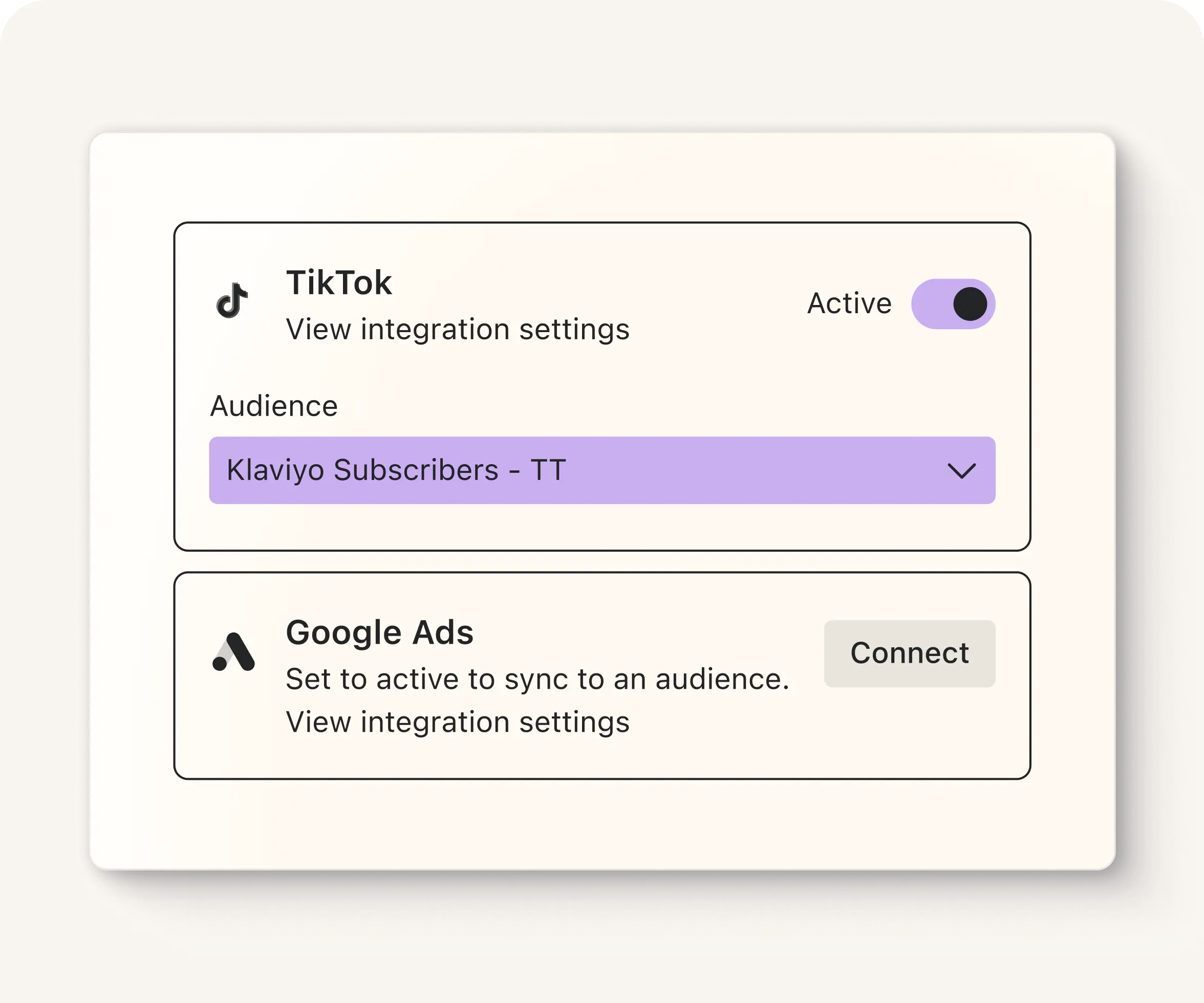 Example of Klaviyo dashboard allowing you to seamlessly integrate TikTok and Google ads