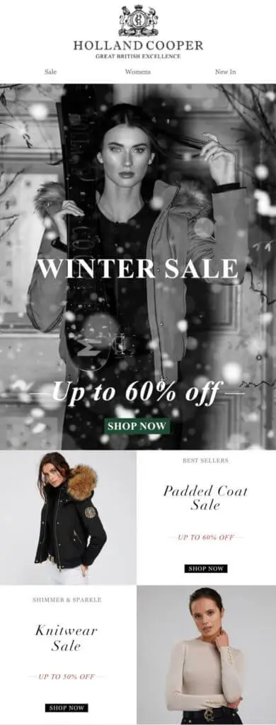 Image shows a Boxing Day marketing email from luxury clothing brand Holland Cooper, featuring a black-and-white photo of a model wearing a coat with a fur-lined hood under the simple headline, “winter sale: up to 60% off.” Beneath a Christmas-green “shop now” CTA button, the email continues with a section on bestsellers, featuring the product image, name, CTA, and “up to 60% off.”