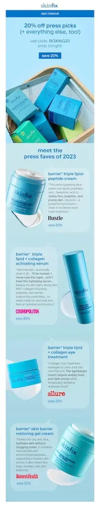 Image shows a Boxing Day marketing email from skincare brand Skinfix, which uses a soothing blue colour palette to advertise “20% off press picks (+ everything else too!).” The CTA at the top of the email reads, “save 20%,” but if the reader continues scrolling, they land in a section called “meet the press faves of 2023,” which lists out several products along with images, press reviews, and links to save if they buy now.