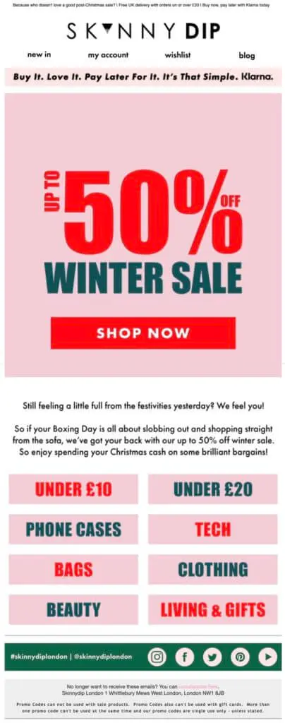 Skinnydip London Boxing Day sale advert featuring "Up to 50% off Winter Sale" with categories like phone cases, tech, and clothing.