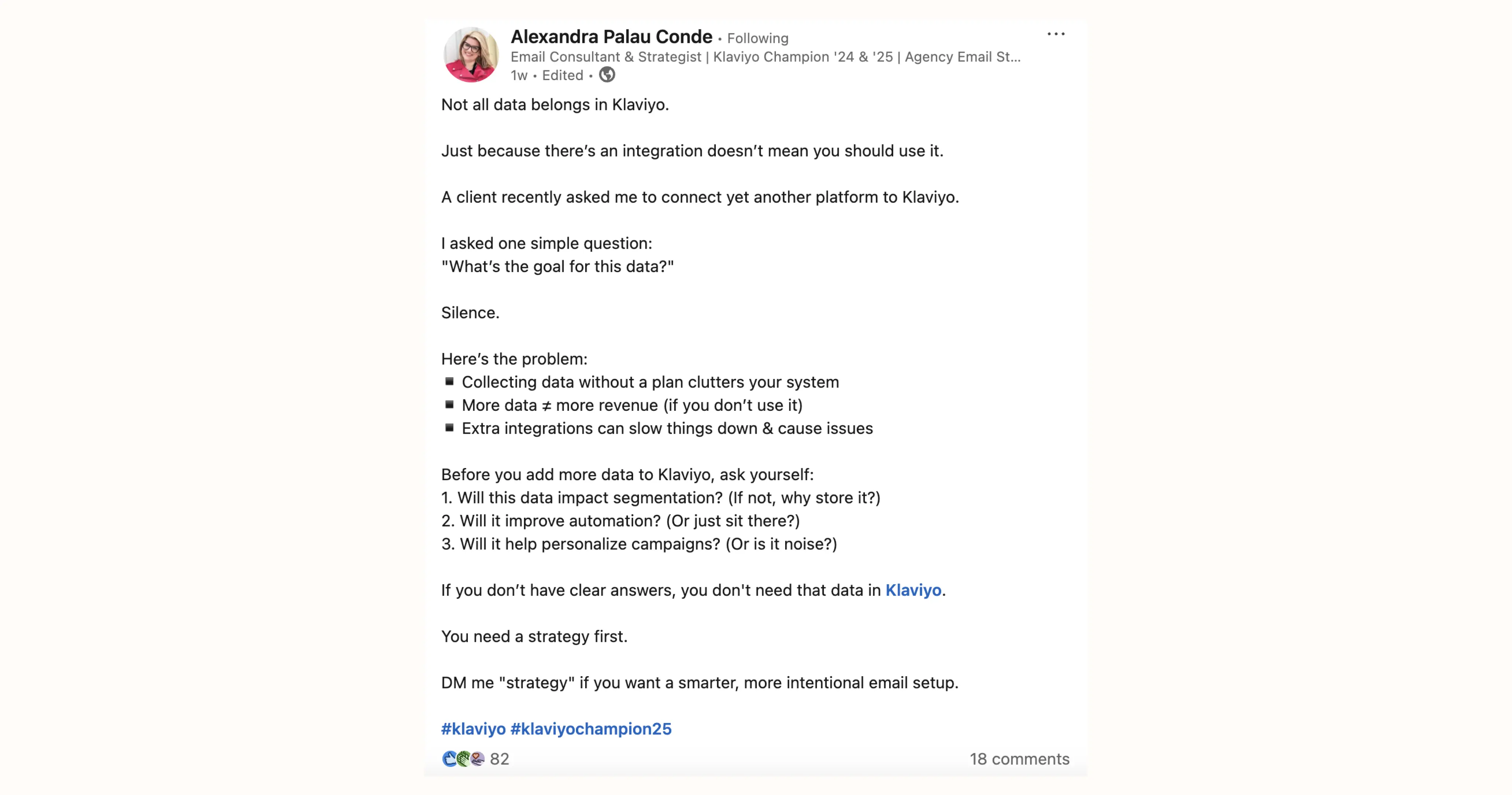 LinkedIn post by Alexandra Palau Conde discussing the importance of strategic data integration in Klaviyo, highlighting potential issues with unnecessary data collection.