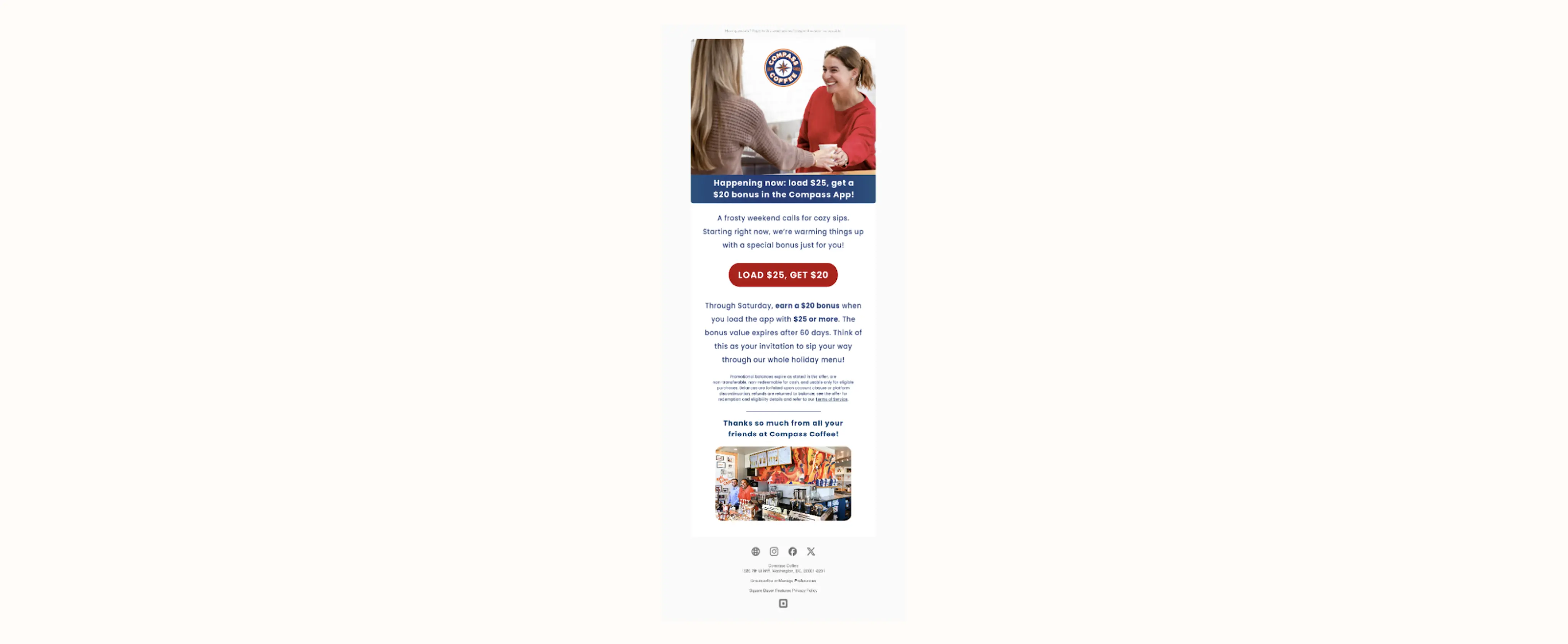 Email promotion from Compass Coffee offering a $20 bonus for loading $25 in the app. Includes images of people and a café. It also uses a weekend deadline to create urgency.