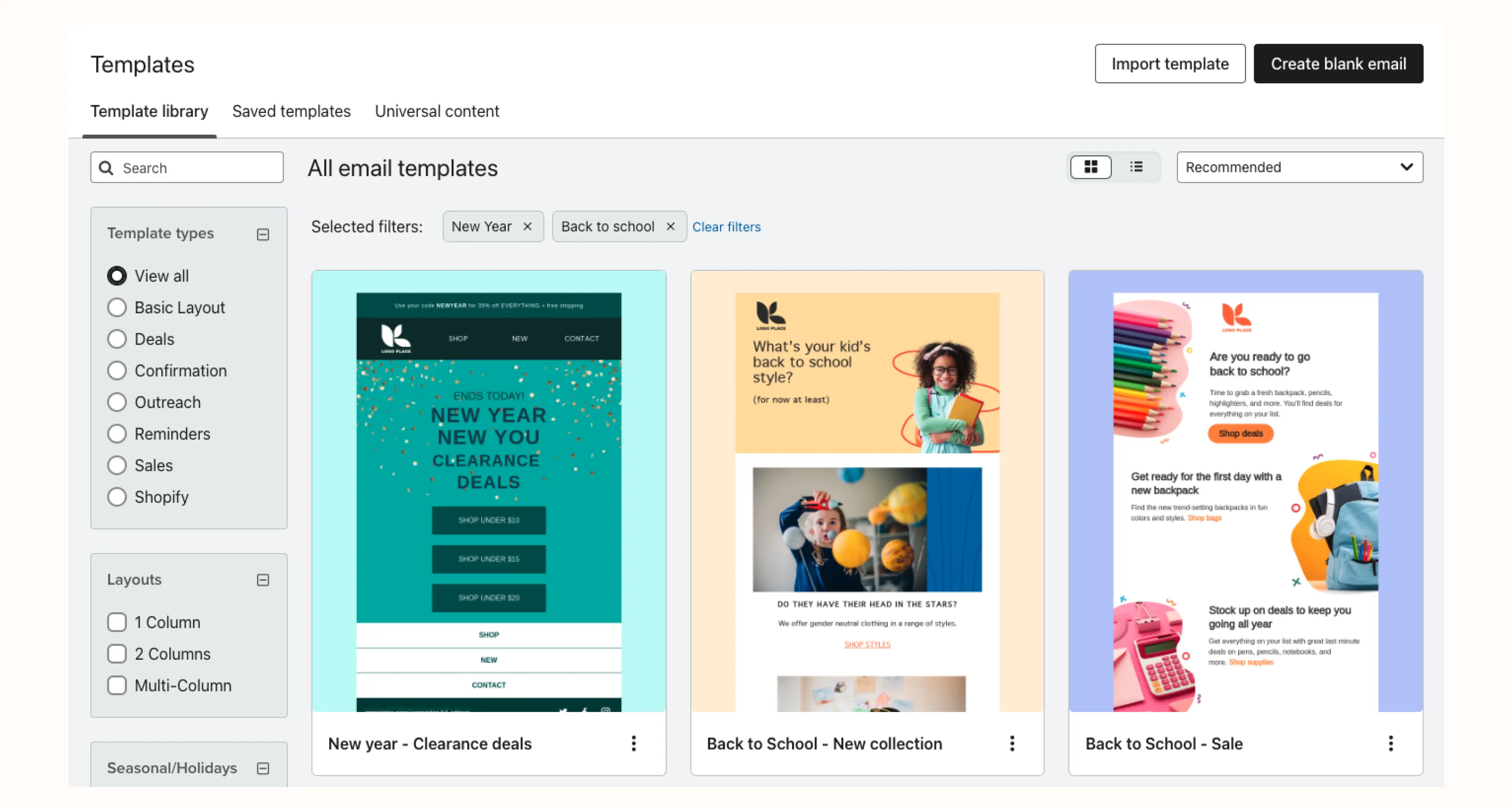 Klaviyo email template library interface showing three templates: New Year clearance deals, Back to School new collection, and Back to School sale.