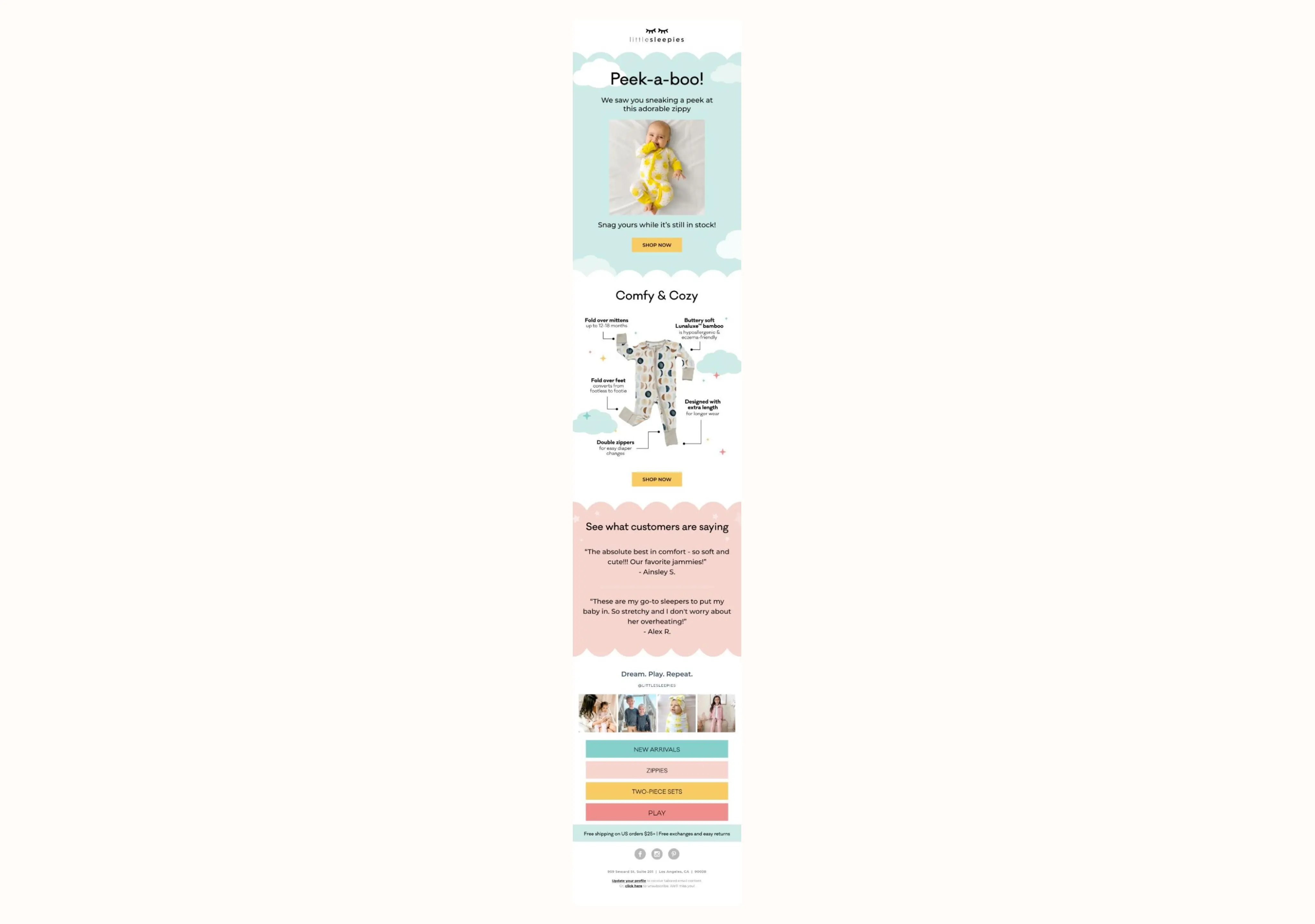 Promotional email for Little Sleepies featuring a baby in yellow pyjamas, product features, customer reviews, and shopping links.