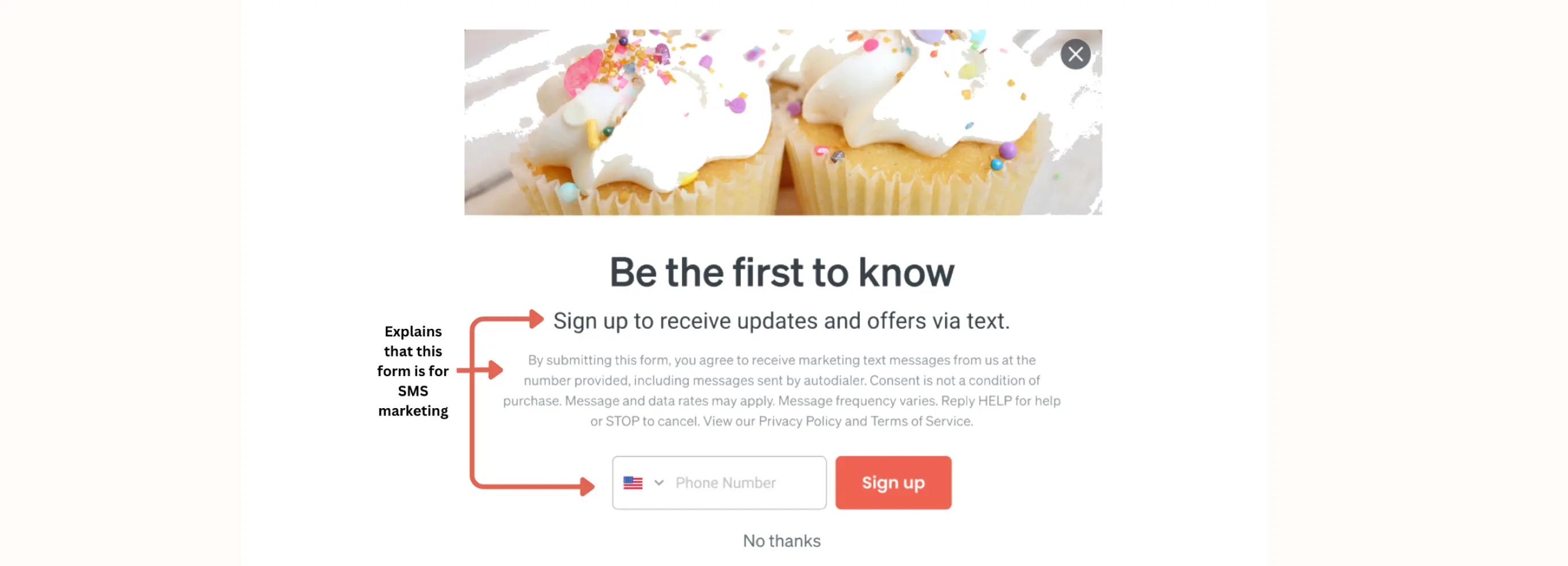 Cupcakes with sprinkles above a sign-up form for SMS marketing updates, including a phone number input and "Sign up" button.