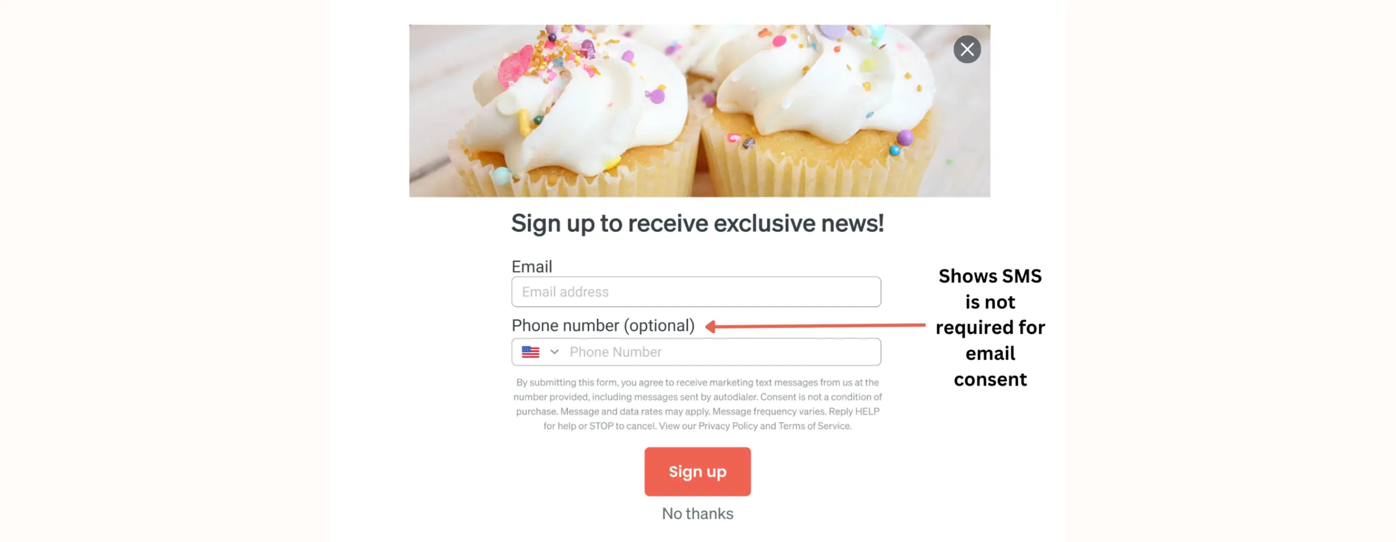 Sign-up form for exclusive news with fields for email and optional phone number. Cupcake image at the top.